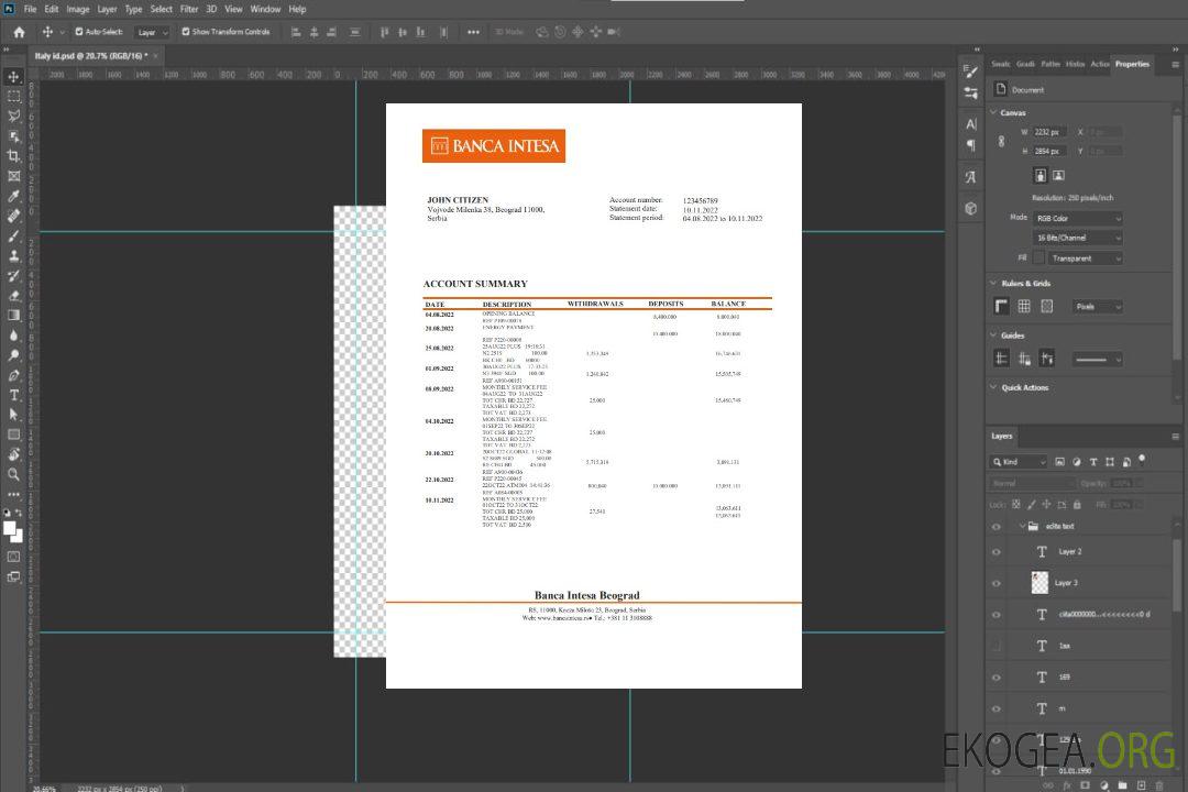 Relevé bancaire de Serbie Banca Intesa template Relevé bancaire de Serbie Banca Intesa template